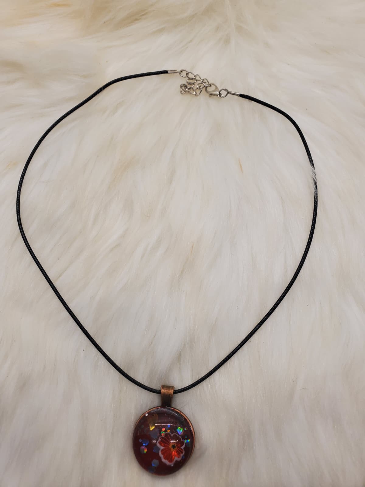 Handmade Red Floral Resin Pendant Necklace – 20”