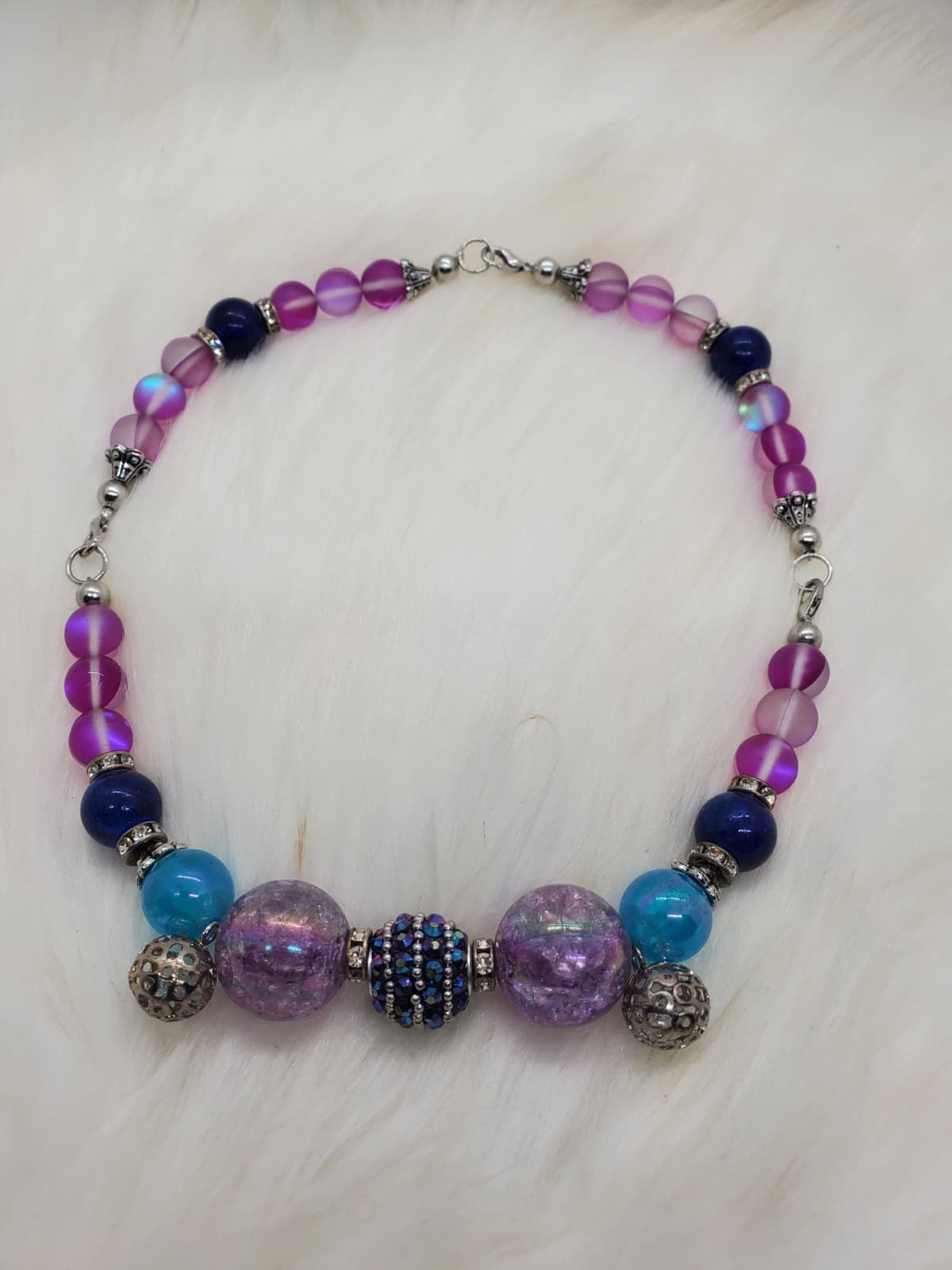 Purple and Blue Beaded Statement Necklace with Rhinestone Accent