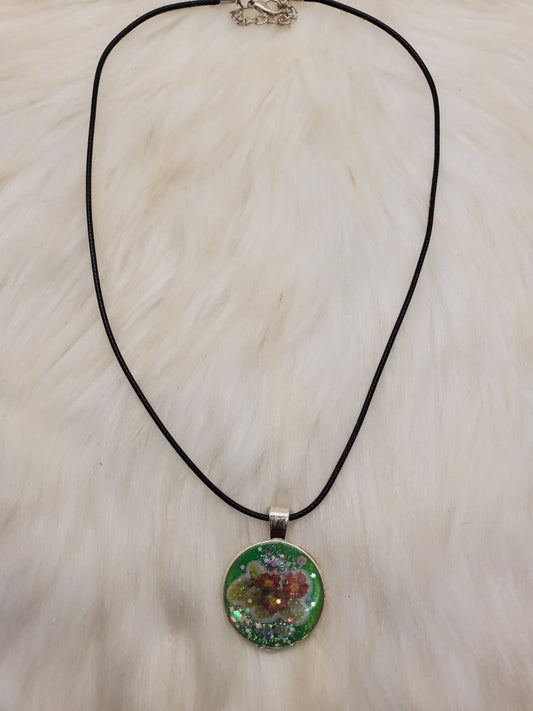 Handmade Green Floral Resin Pendant Necklace – 20”