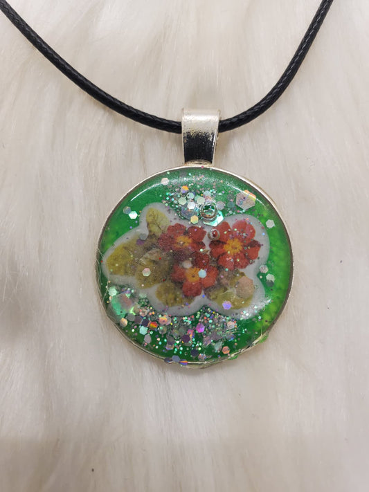 Handmade Green Floral Resin Pendant Necklace – 20”