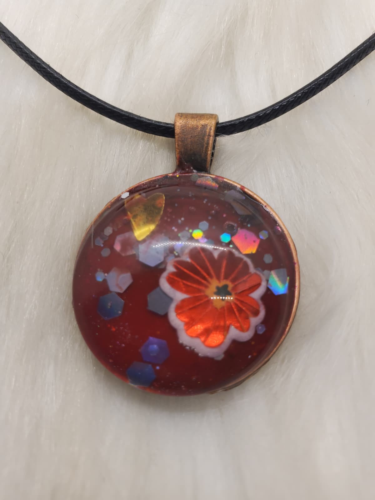 Handmade Red Floral Resin Pendant Necklace – 20”